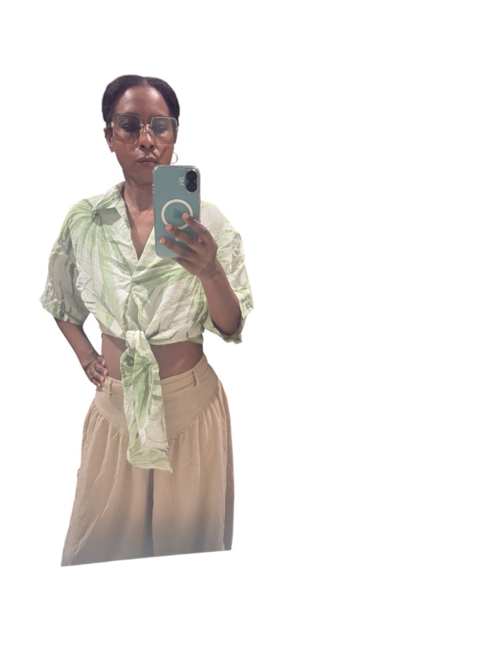 H&M Light Green Leaf-Print Tie-Front Shirt